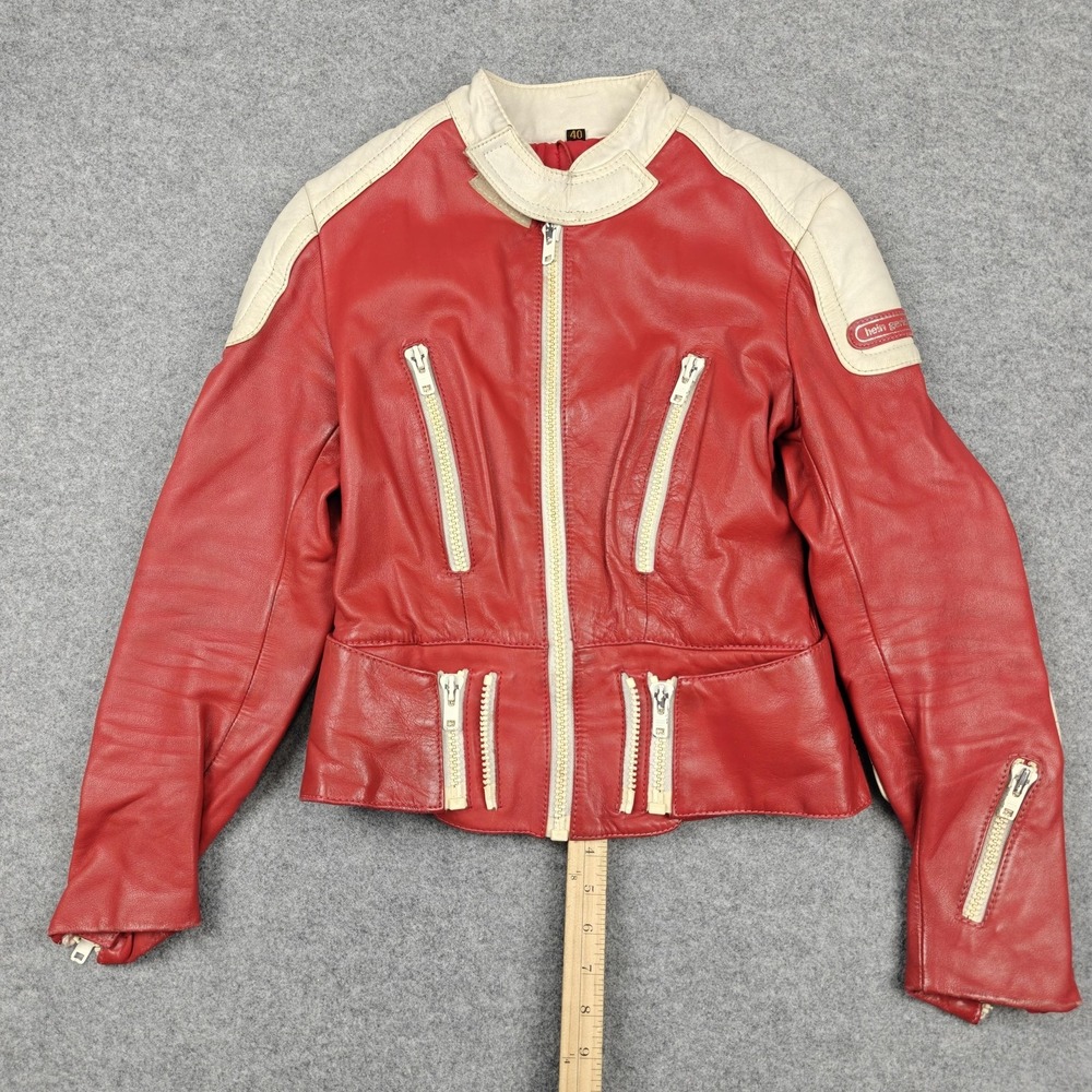 Vintage Hein Gericke‎ Jacket Womens 40 Red White Leather Motorcycle Padded Zip